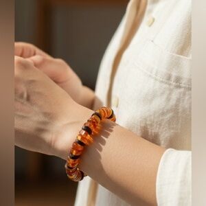NWT Genuine Baltic Amber Stretch Bracelet - Tri-Color Organic Disk Beads